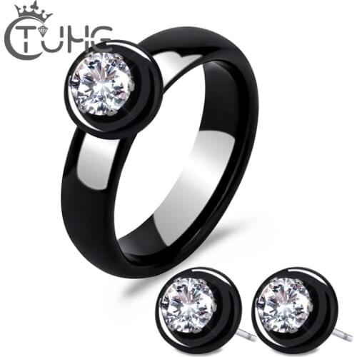 New Fashion Real Ceramic Jewelry Set For Women Lady Crystal AAA Cubic Zironia Stud Earrings Rings Jewellery Set Collection