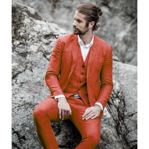 Latest Men Suit 3 pieces Set Orange Red Linen Beach Mens Wedding Suit Tuxedo Tailored Summer Suits for Groom Jacket Vest Pants
