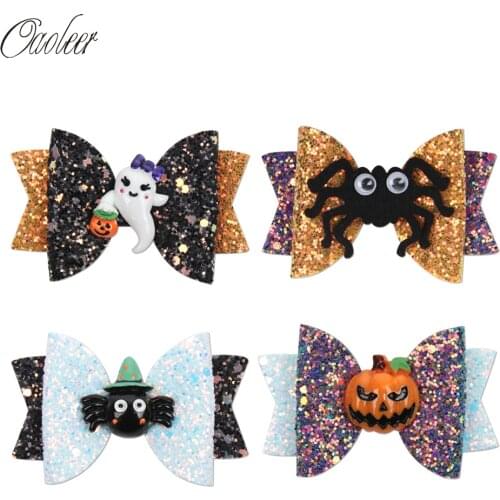 Oaoleer Hair Accessories 4 Pcs/Lot Halloween Barrettes for Girls Glitter Hairgrips with Resin Bowknot Handmade Hairgrip Headwear