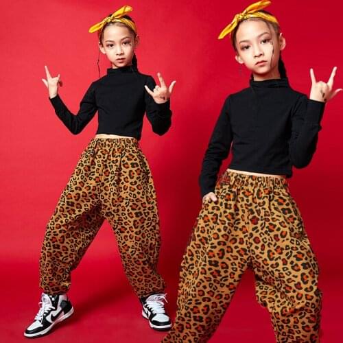 Hip Hop Clothing Girls Jazz Costume Black Tops Leopard Pants Kids Hiphop Costume Ballroom Practice Wear Rave Clothes DNV14401