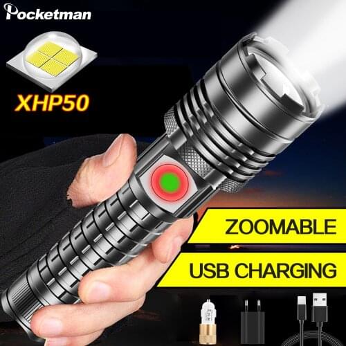 Xhp50 LED flashlight telescopic zoom 5-gear high explosion flash SOS charging display strong light flashlight with USB cable