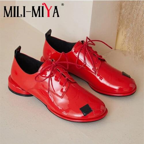MILI-MIYA Personalized Design Mixed Color Women Patent Leather Pumps Lace-Up Round Toe Full Genuine Leather Fashion Street Shoes