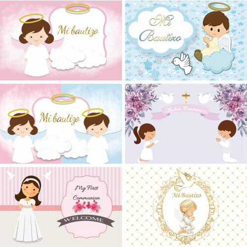 Laeacco Mi Bautizo Backdrop Pink Princess Angel Baptism Party Banner Poster Customized Child Portrait Photography Background