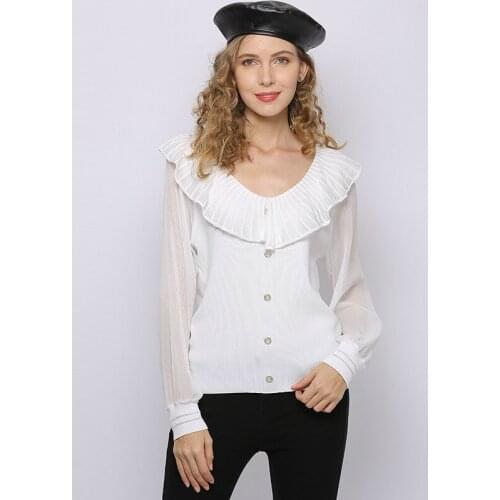 Ruffled Solid O-neck Mesh Patchwork Long Sleeve Knitted Shirt Women Tops Spring Summer Korean Wild Sweet Sweater Blouses T20622