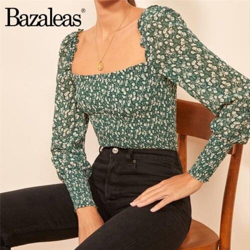 Bazaleas Vintage Elastic Women blouse Palace Green Floral Print blusas Fashion Lantern Sleeve blusas mujer de moda 2019