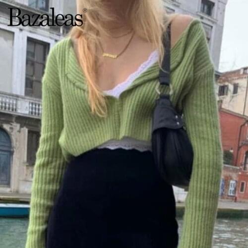 Bazaleas Retro Green Mohair Cardigan Women Vintage V Neck SweaterCenter Buttons pull femme Sweaters