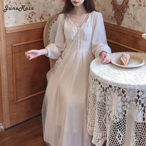 Women Elegant Mesh Dress French Solid Long Sleeve Fairy Party Lace Dress Sexy V-Neck Chic Dress Spring Clothing Female Vestidos