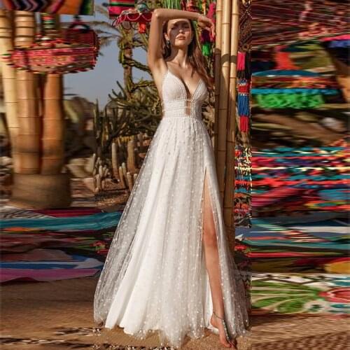 Verngo Beach Wedding Dress Boho Lace Tulle And Chiffon Wedding Gowns 2020 Side Slit Elegant Bride Dress Vestidos De Novia