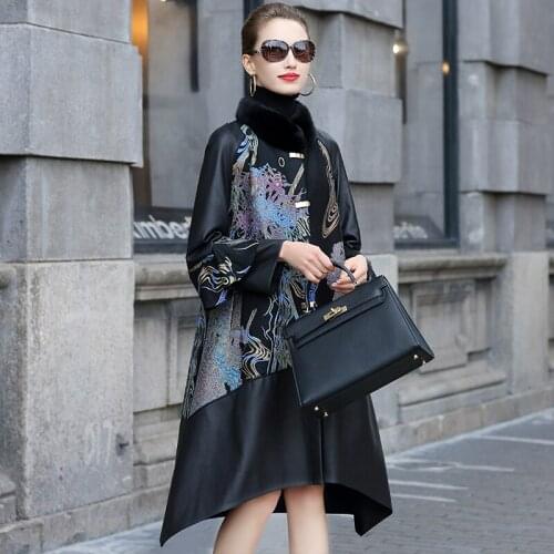 Genuine Leather Female Winter Coat Chinese Style Sheepskin Leather Jackets Women Mink Fur Collar Woman Coat Femme Veste Zjt638