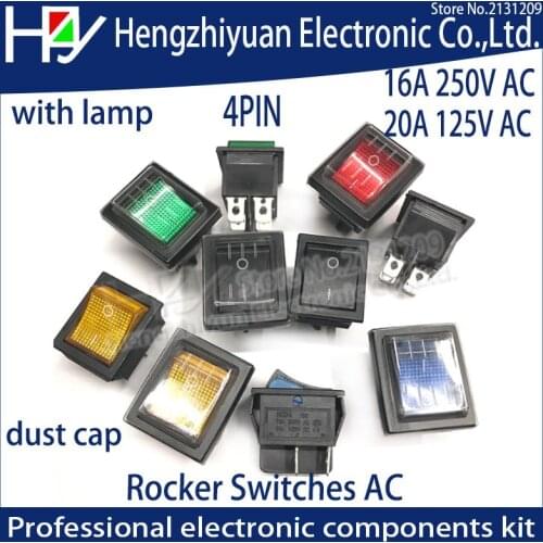 Latching Rocker Switch Power Switch I/O 4 Pins With Light 16A 250V AC 20A 125V AC KCD4 DPST Red Yellow Green Blue Black Dust cap