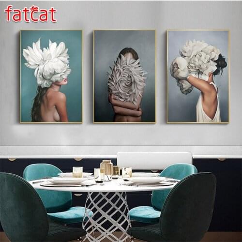 FATCAT 5D Diy Diamond Painting Peony girl full mosaic diamond Embroidery Masked Flower Woman Abstract Wall Art 3pcs/set AE1027
