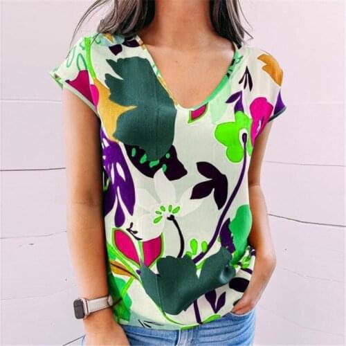2021 Summer Refreshing Womens Lotus Leaf Petal Pattern Breathable and Comfortable V-neck Short-sleeved T-shirt Top Casual Loose