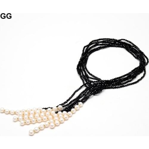 GG Jewelry 3 Rows 4mm Natural Faceted Black Onyx White Pearl Lariat Long Sweater Chain Necklace Bracelet Earrings Sets For Women