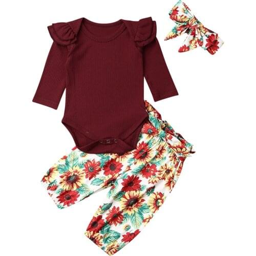 3Pcs Baby Girl Clothing Outfits Spring Autumn Baby Girl Cotton Clothes Ruffles Romper+Sunflower Harem Pants+Bow Hair Sets 0-24M