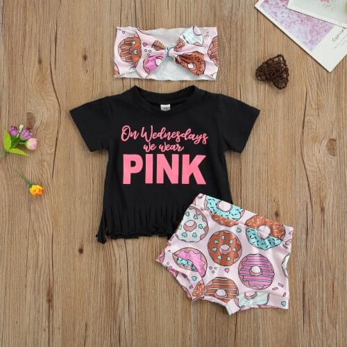 3pcs Lovely Baby Girls Summer Clothes Sets Letter Short Sleeve Tassel T Shirts Donuts Printed Shorts Headband 0-24M