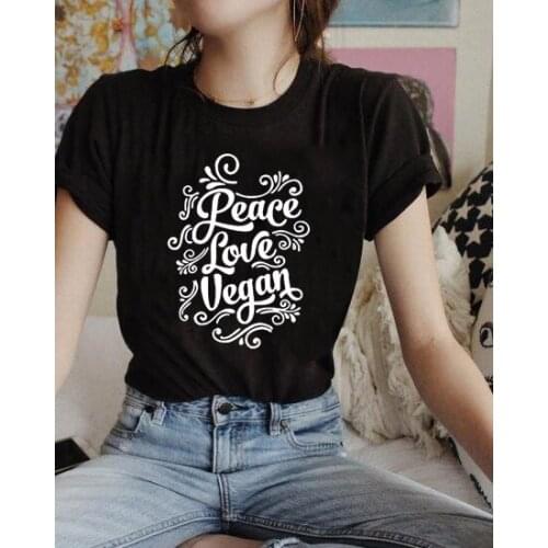 Summer Casual Women T-Shirt Peace Love Vegan Letter Print Short Sleeve O-Neck Tee Tops Harajuku Cute Slogan Tee Shirts Clothes