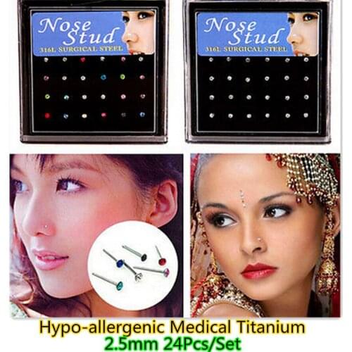 24 pcs Cute Girls Surgical Stainless Steel Piercing Nose Ring Fashion Colorful Crystal Nose Stud Women Body Jewelry Party Gift