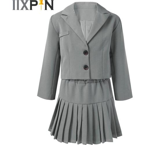 Fashion Girls School Uniforms Kids Spring Autumn Suit Long Sleeve Suits Coat Blazer + A-line Pleated Skirts 2Pcs Childrens Sets