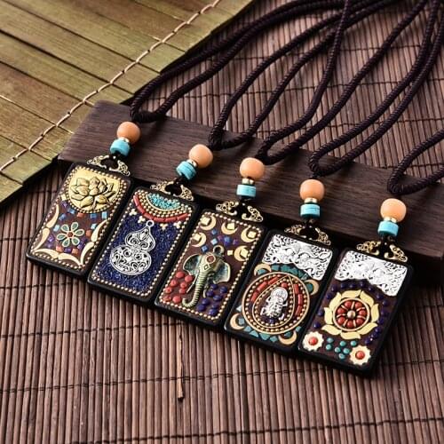 Handmade Nepal Necklace Ebony Buddhist Mala Wood Beads Pendant & Necklace Ping An Buddhism Ethnic Long Statement Jewelry Women M