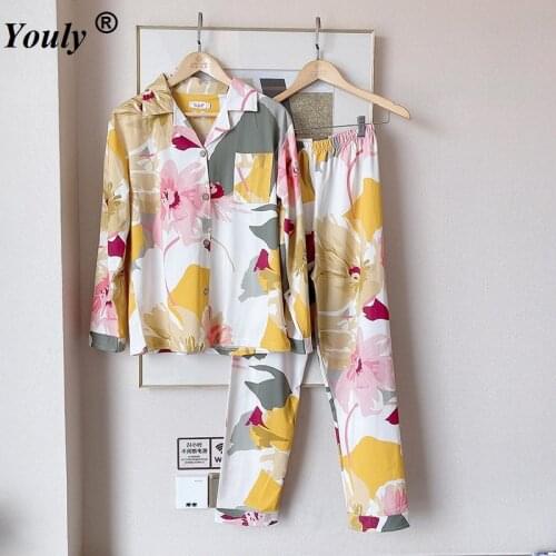 Autumn New Ladies Pajamas Set Floral Lotus Printed Floral Loose Sleepwear Set Women Turn-down Collar Female Casual Homewear Sets