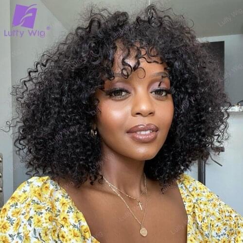 Short Curly Human Hair Wigs With Bangs For Black Women Brazilian Remy Hair No Lace Curly Bob Wig Glueless 200 Density LUFFY