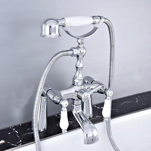 Polished Chrome Deck Mounted Bathroom Tub Faucet Dual Handles Telephone Style Hand Shower Clawfoot Tub Filler atf763