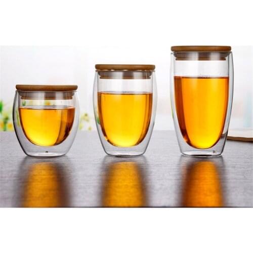 Transparent Handmade Creative Heat-resistant Double Wall Glass Mug Milk Coffee Lemon Tea Mug With Bamboo Lid Coffee Mug Set