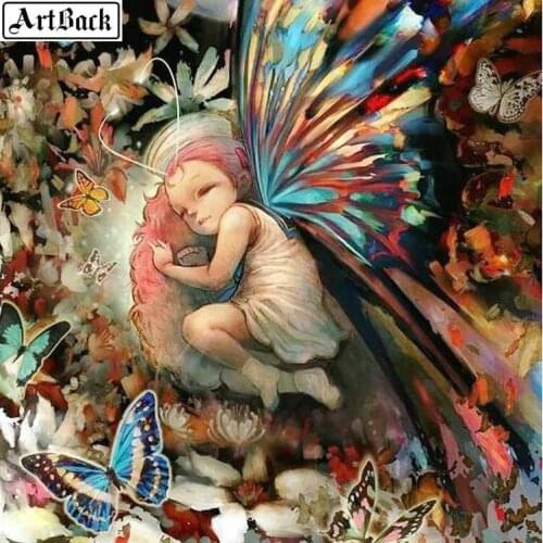 Handmade 5d full square diamond painting angel butterfly wings diamond mosaic elf sleeping landscape diamond embroidery crafts