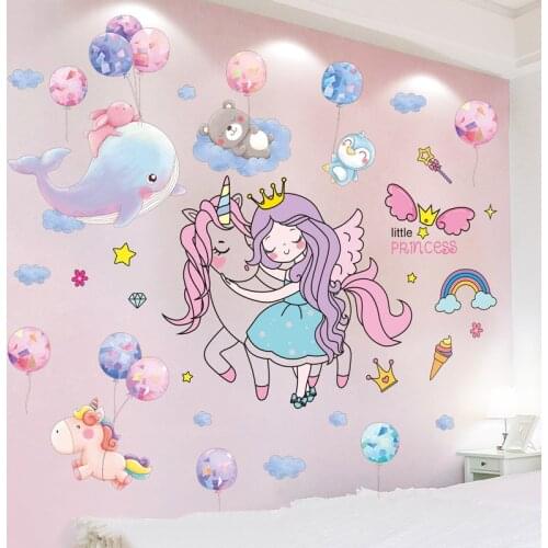 [SHIJUEHEZI] Cartoon Animals Balloons Wall Stickers DIY Unicorn Girl Mural Decals for Kids Room Baby Bedroom House Decoration