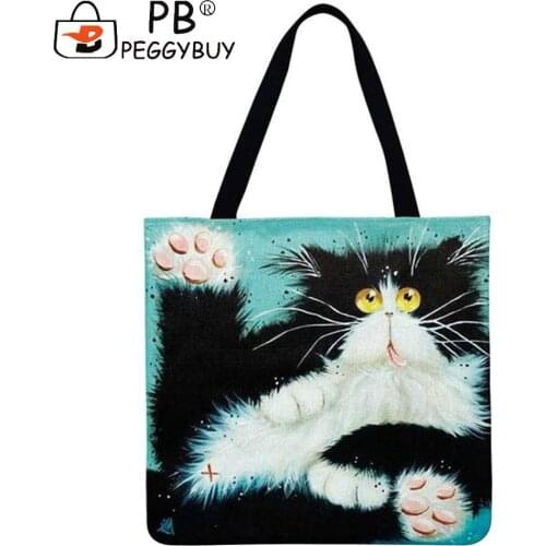 Cute Cat Artistic Portraits Abstract Person Printed Shoulder Underarm Tote Bag Casual Linen Large Capacity Shopping Handbags