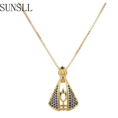 SUNSLL New Designed Handmade Unique Golden Copper Blue CZ Stones Everyday Wear Party Pendant Necklace Jewelry for Women Gift