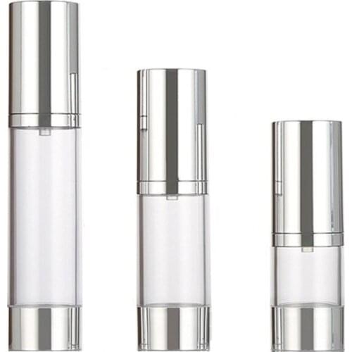 25pcs Shiny Silver Empty Vacuum Cosmetic Packaging Container Air Up Lotion Pump Spray Atomizer Airless Bottle 15ML 30ML 50ML