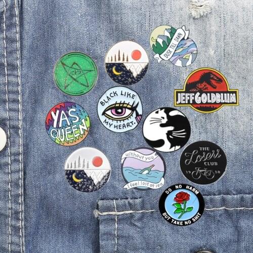 Green five-pointed star dinosaur sun moon drift bottle bicycle earth cat metal enamel pin round costume lapel brooches