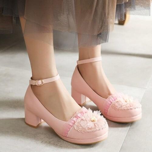 COOLULU 2020 Spring New Women Lolita Shoes Square High Heel Pumps Ankle Strap Lace Pumps Women Shoes Pink Pumps Size 33-43