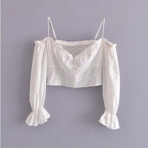 JC·KILIG Womens New Line 2021 Embroidered Top With Shoulder Straps Blouse With Belly Button Exposed Shirt 62229L