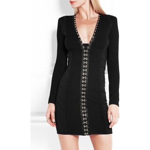 Sexy Women Bodycon Long Sleeve V-Neck Black Bandage Rayon Elegant Celebrity Show Evening Party Dress