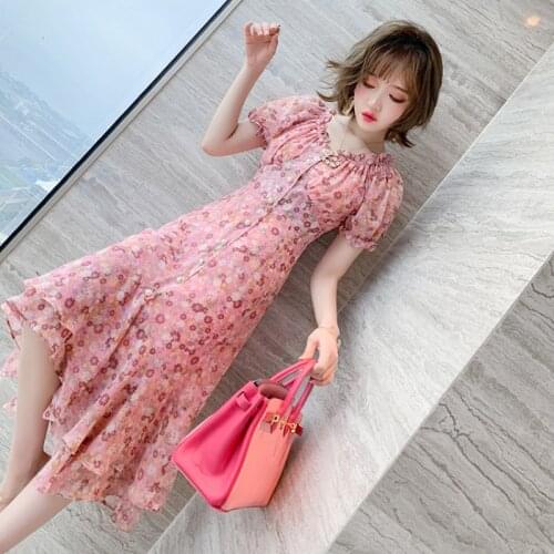 Awarose Floral Print Double Ruffle Irregular Midi Dress Women Summer Elastic Collar High Waist Button Bodycon Sundress Female
