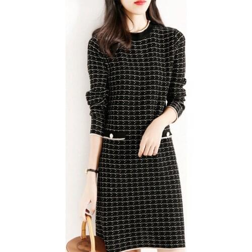 New Arrival Autumn Winter French Womens Plaid Knitted High Waist Elegant Sweater Dress Luxury Casual Slim Dresses Vestido