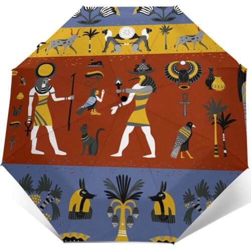Wind Resistant Fully-Automatic Umbrella Ancient Egyptian Religion Pattern Rain 3 Folding Parasol Travel Car Umbrella