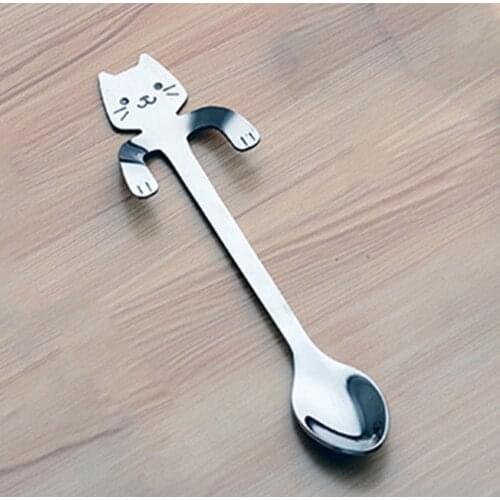 1pcs Cute Cat Spoons Long Handle Hanging Spoon Coffee Milk Stainless Steel Spoon Flatware Kitchen Tools for Kids Gifts