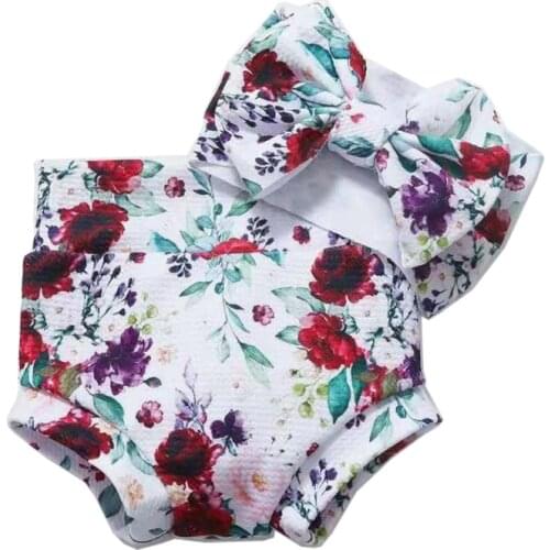 2 Pcs Baby Summer Print Shorts Headband Set Short Pants Bow Hair Band Kit for Newborn Infants Shower Gifts