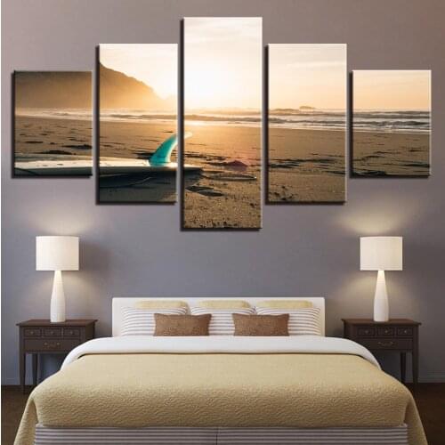 Canvas Wall Art Pictures Living Room Home Decor 5 Pieces Sunshine Beach Surf Board Seascape Paintings HD Prints Poster Frame