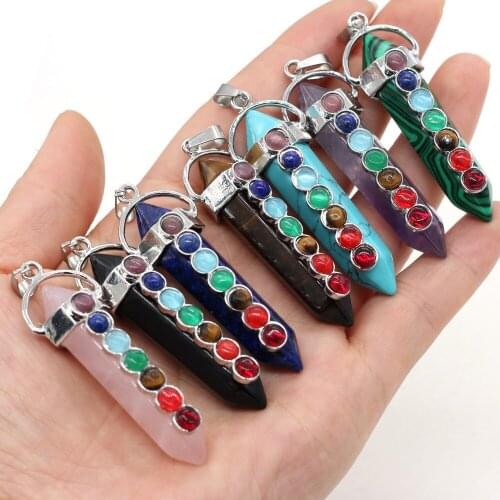 6pcs/lot Chakra Energy Assorted Natural Stone Necklace Pendant Quartz Crystal Pendant Pillar Charms Jewelry Pendulum 18*55mm