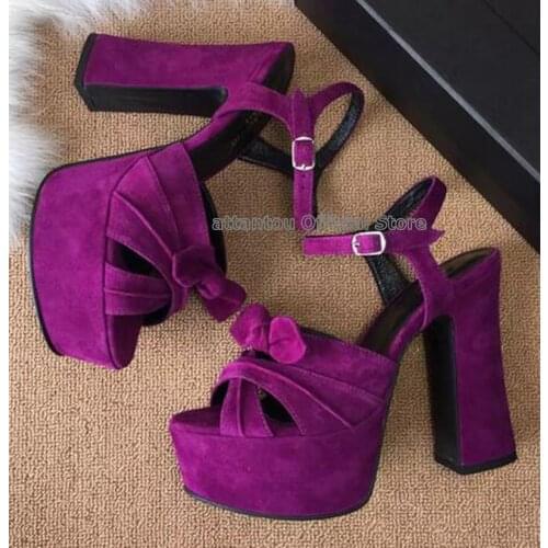 Summer fashion suede leather cross bowtie knot block high heeled Woman sandals platform party female dress shoes