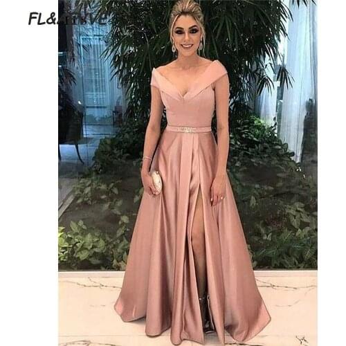 A Line Long Evening Dresses Off the Shoulder V Neck Split Satin Ball Gown Evening dress Sleeveless Formal Vestido Longo