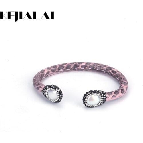 KEJIALAI Bracelets Bangles Leather Python Luxury Women Freshwater Pearls Geometric Bangles Python Leaher Irregular Bangles B231