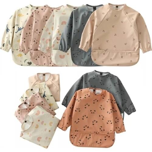 Baby Bibs Toddler Long Sleeve Waterproof Art Smock Feeding Bib 45cm Long Swing Apron Pocket Infant Boys Girls Self Feeding Bib
