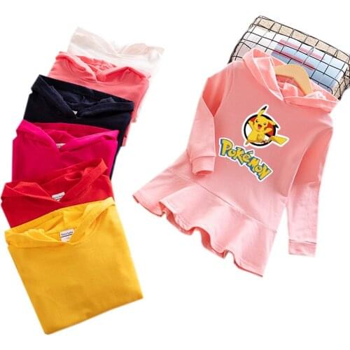Pokemon Pikachu Baby Girls Clothes Childrens Hooded Dress Autumn Spring Pikachu Cartoon Sweater Girl Dresses