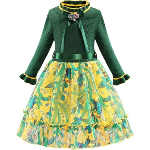 Girls Dress Winter Pullover Knitted Sweaters Flower Princess Clothing Long Sleeve Outerwears O-Neck Kids Knitwear 3-7Y