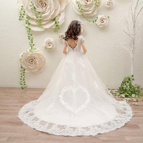 Long Trailing Flower Girl Dresses for Wedding Beading Lace White Holy Communion Dress Backless Kids Pageant Dress for Birthday K